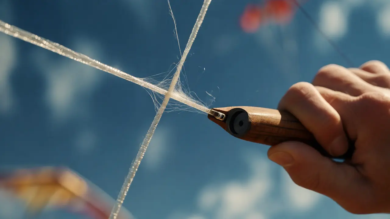 Close-up of two abrasive kite lines crossing under tension during a combat match