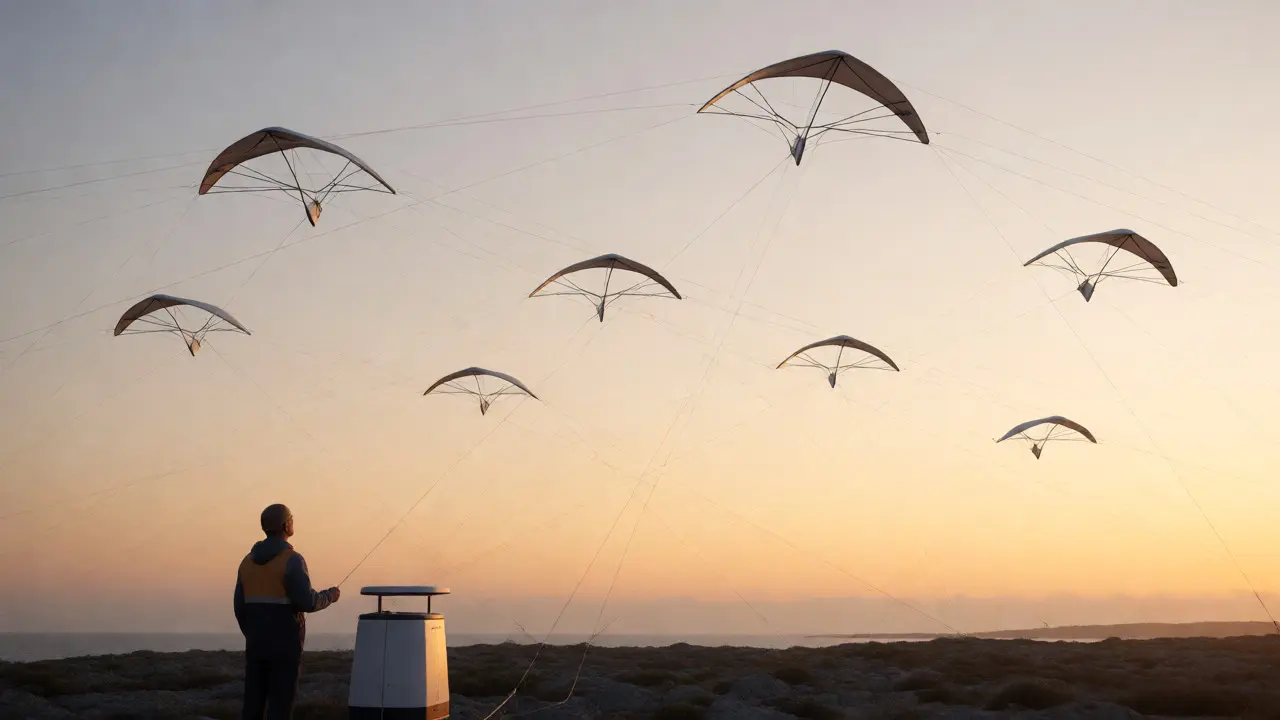 Cluster of power kites flying in formation over coastal terrain