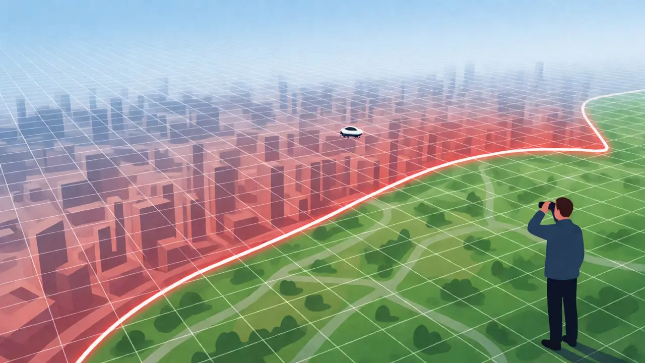 Conceptual visualization of airspace zones and safety protocols for kite photography.