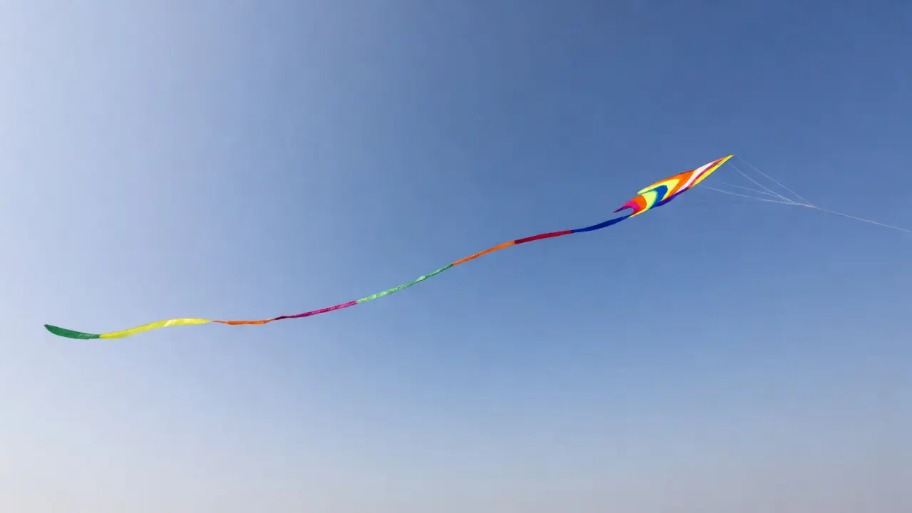 Diamond kite with a long stabilizing tail flying steadily in the sky
