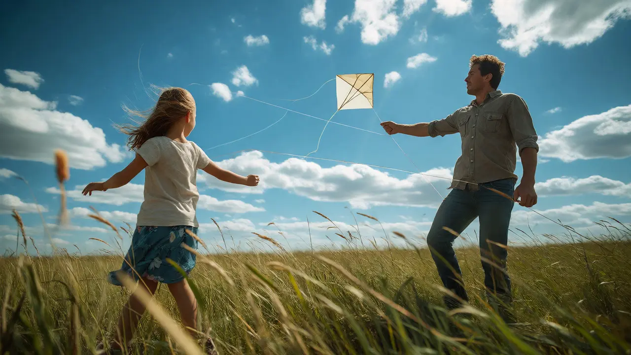 Father and daughter preparing for a kite launch using the helper method in a field.