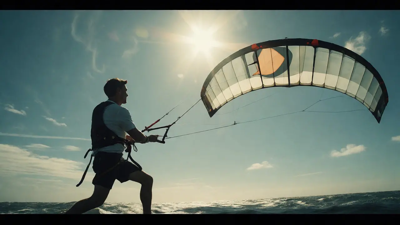 Flyer executes scoop lift technique, tilting horizontal kite nose up to regain lift.
