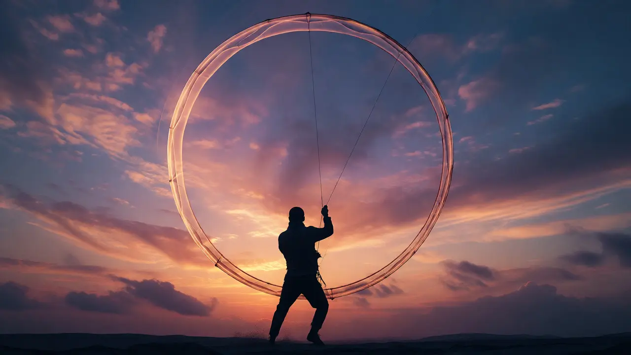 Glowing circular flight path of a kite against a sunset, showing perfect geometry.