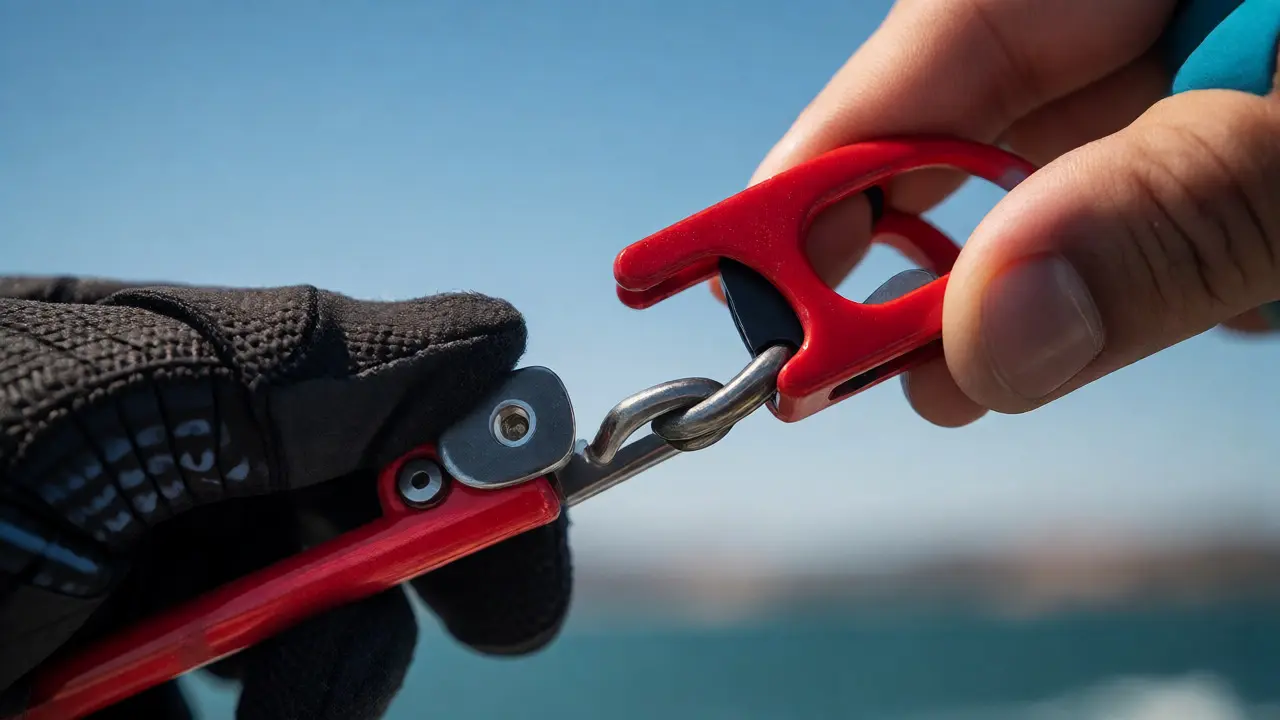 Hand activating the quick release lever on a kitesurfing control bar