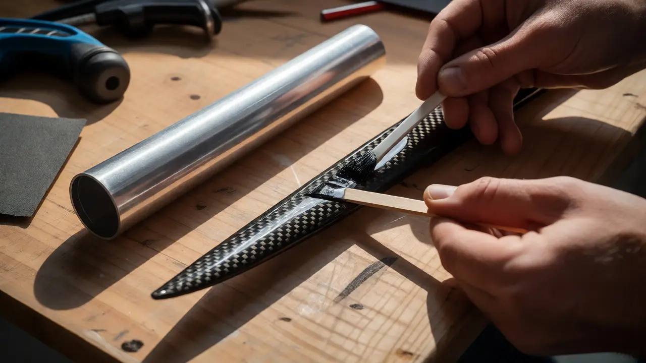 Hands applying epoxy to a carbon fiber spar next to an aluminum sleeve.
