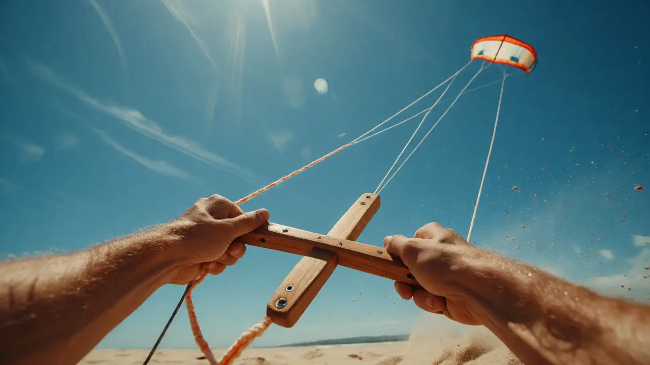 Hands using a winder to retrieve kite line in wide arcs