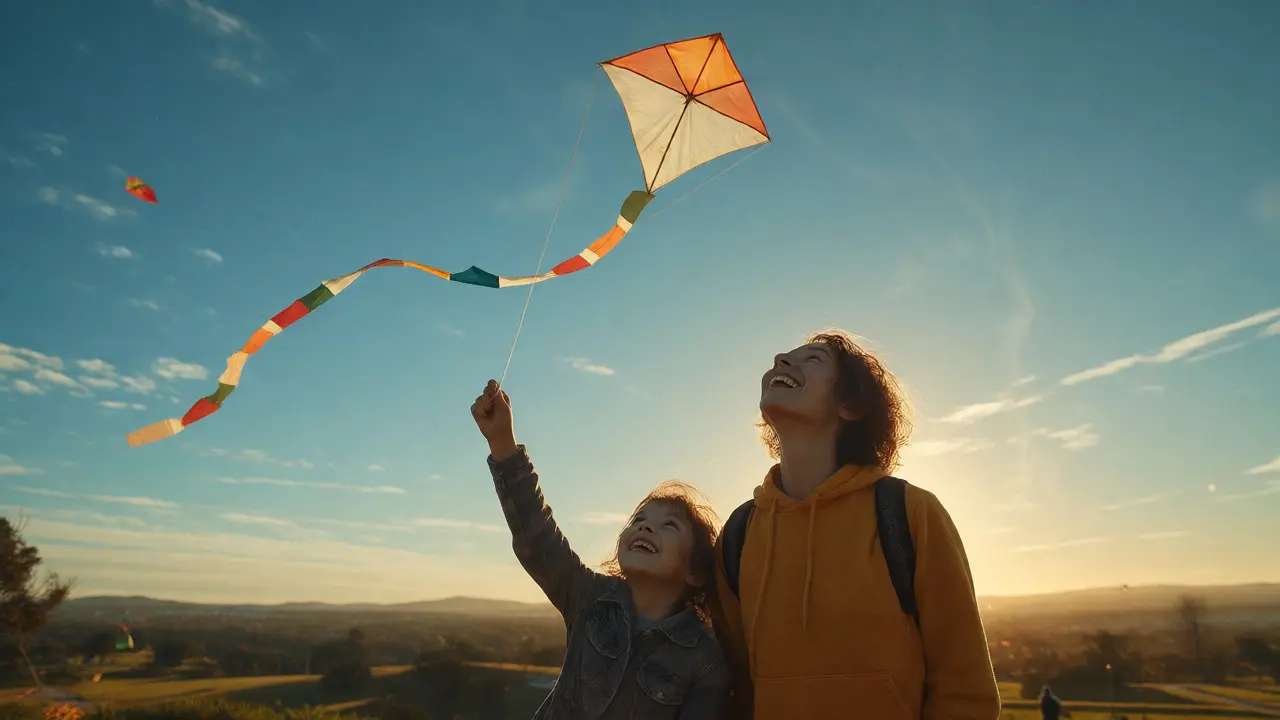 Happy parent and child watching their homemade kite soar in the golden hour sky.