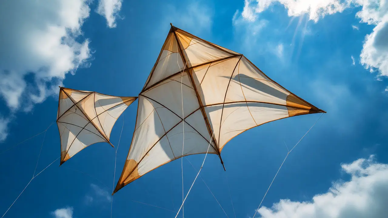 Khleng Ek and Choray kites flying together in the blue sky
