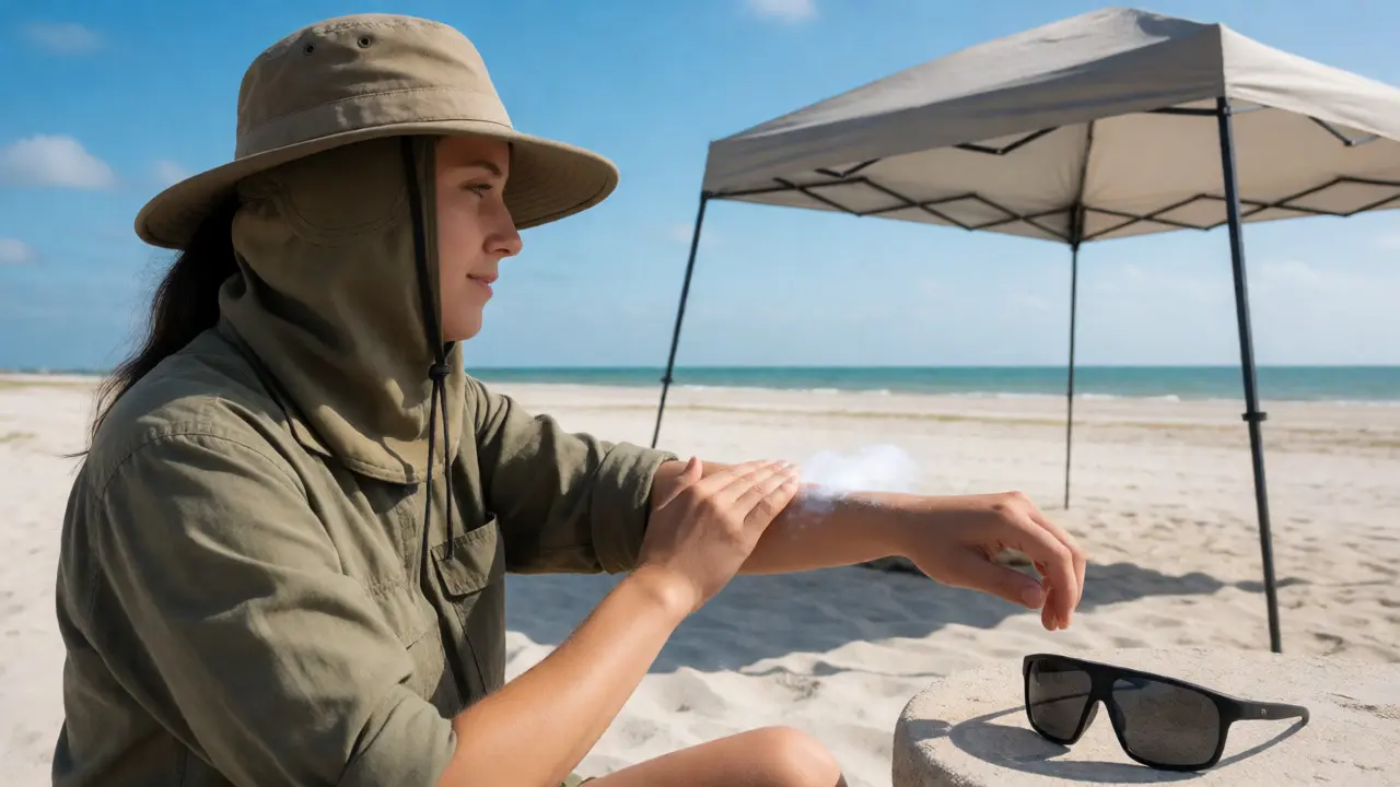 Kite flyer applying sunscreen while wearing a wide-brimmed hat and sunglasses