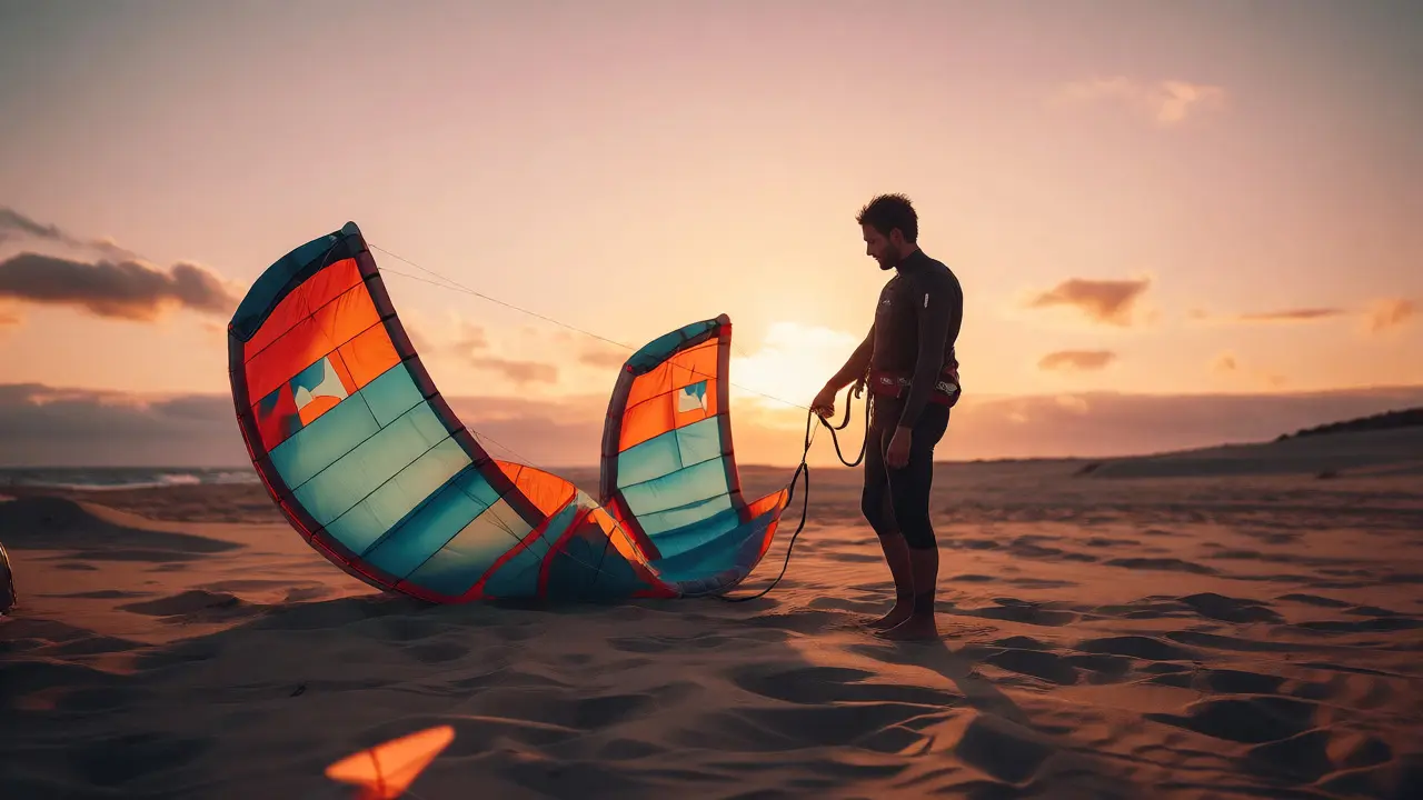 Kitesurfer on a beach at sunset inspecting an integrated leash connected to a released kite.