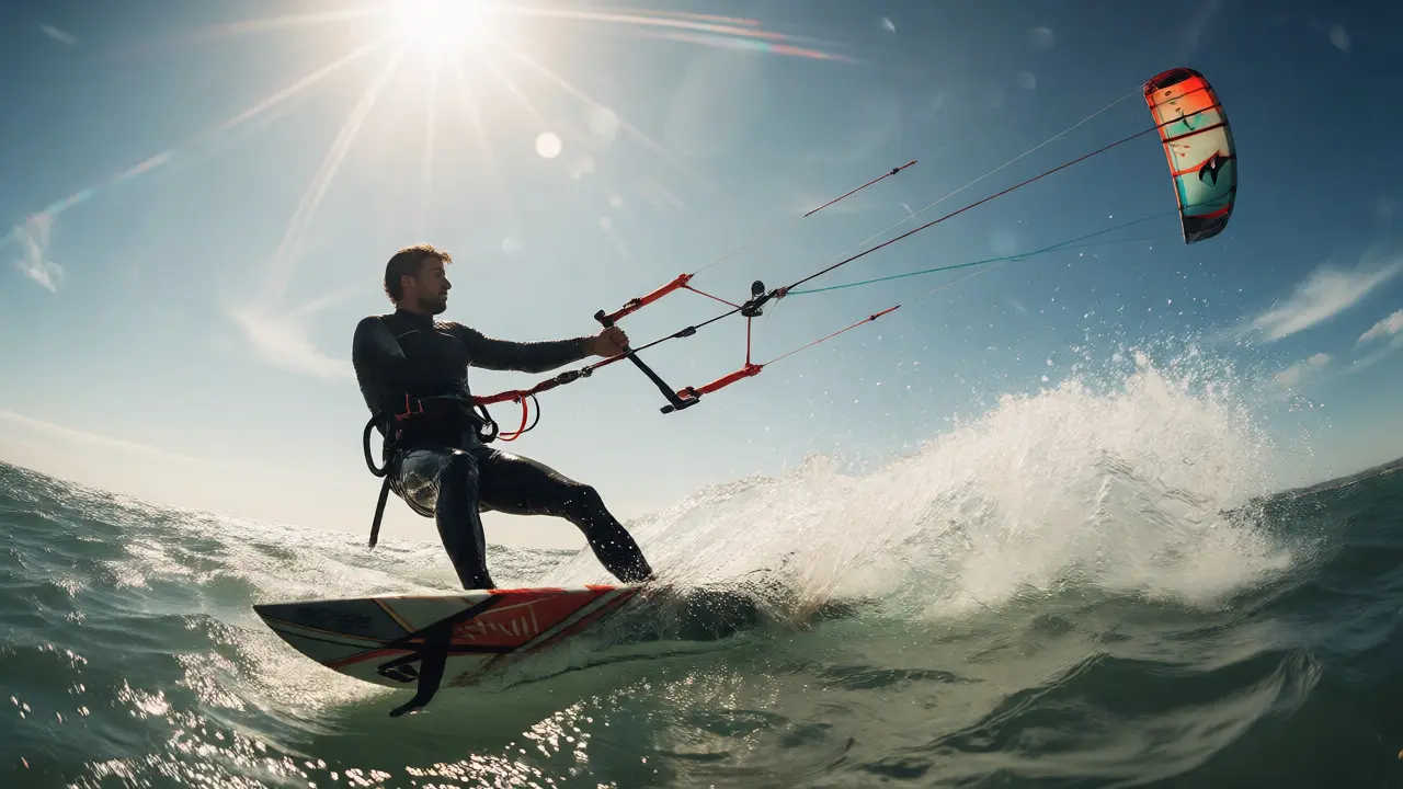 Kitesurfer pushing the bar forward to depower the kite in strong wind