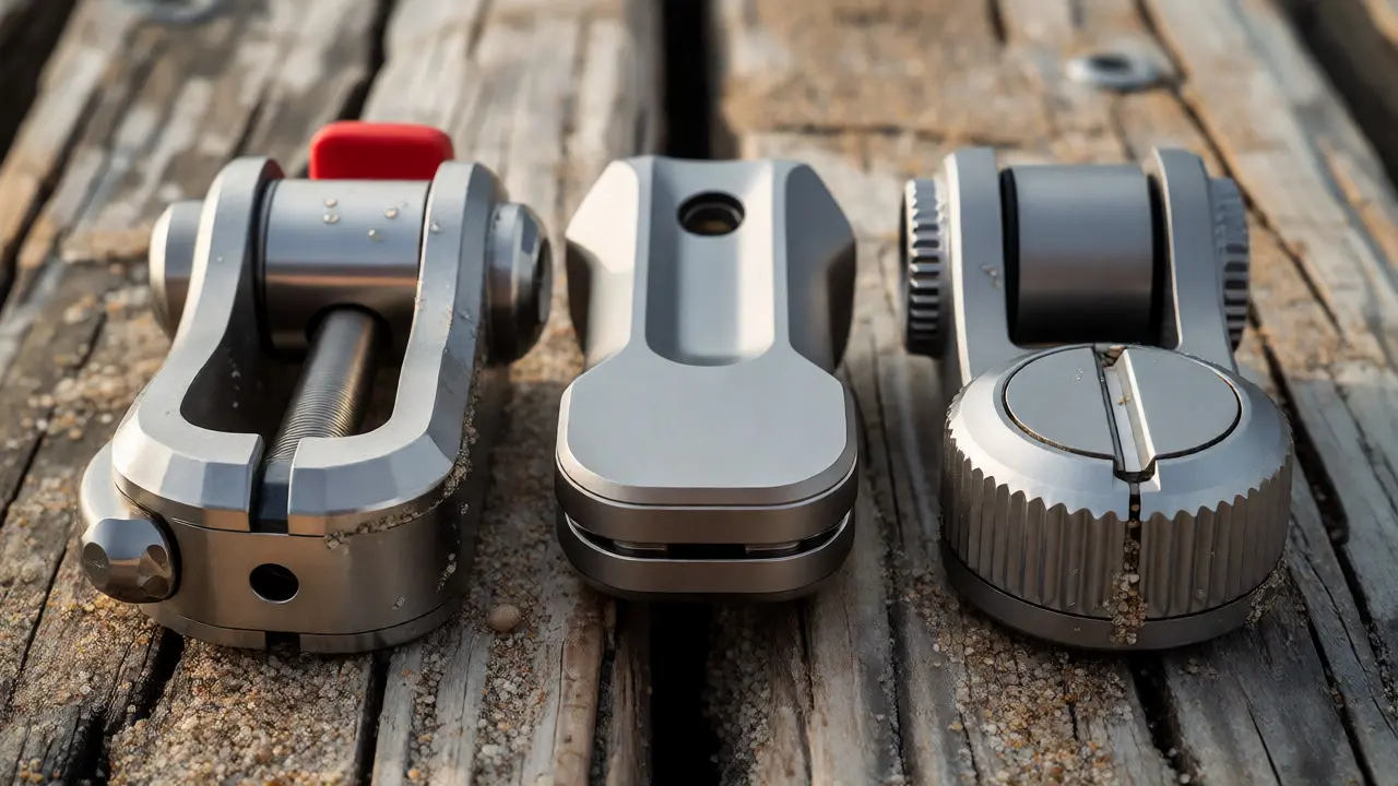 Macro shot of pin, magnetic, and rotary quick-release systems on a sandy dock surface.