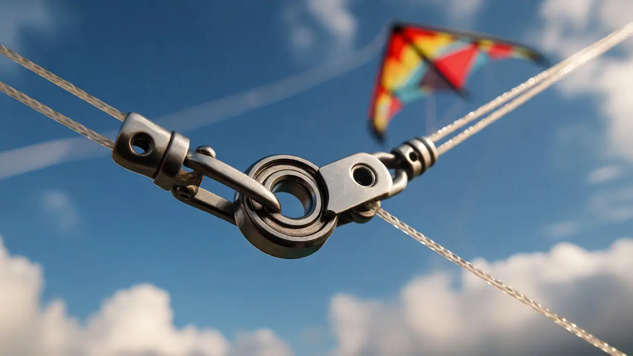 Metal ball-bearing swivel connecting kite lines against blue sky
