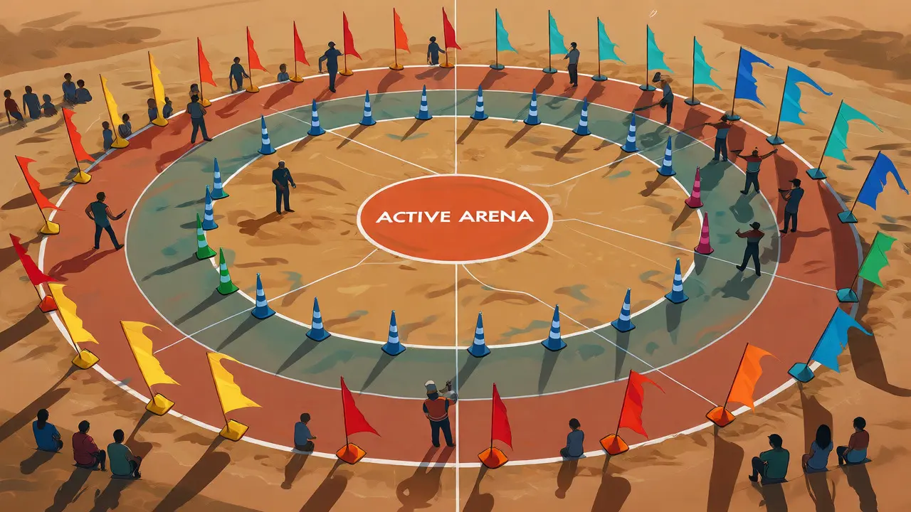 Overhead view of kite fighting zones with staff adjusting safety boundaries and flags according to wind direction.