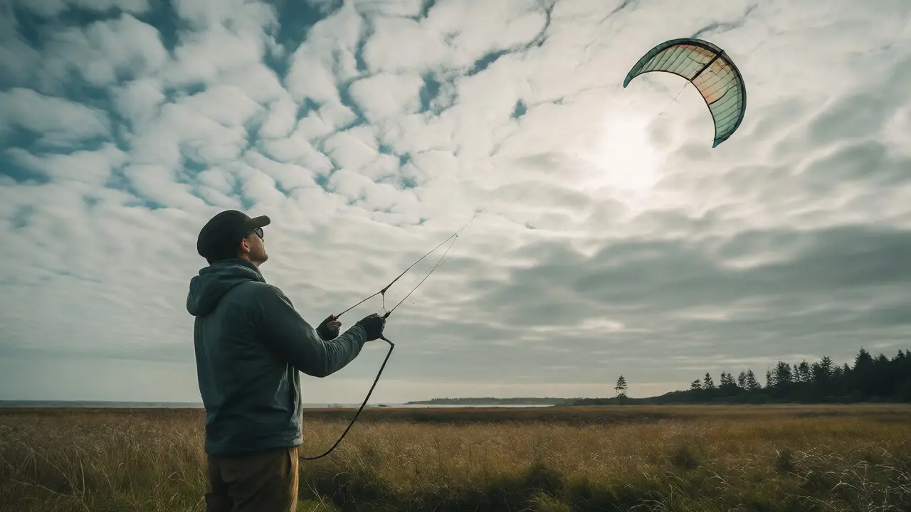 Person calmly flying a kite in an open coastal field during daytime