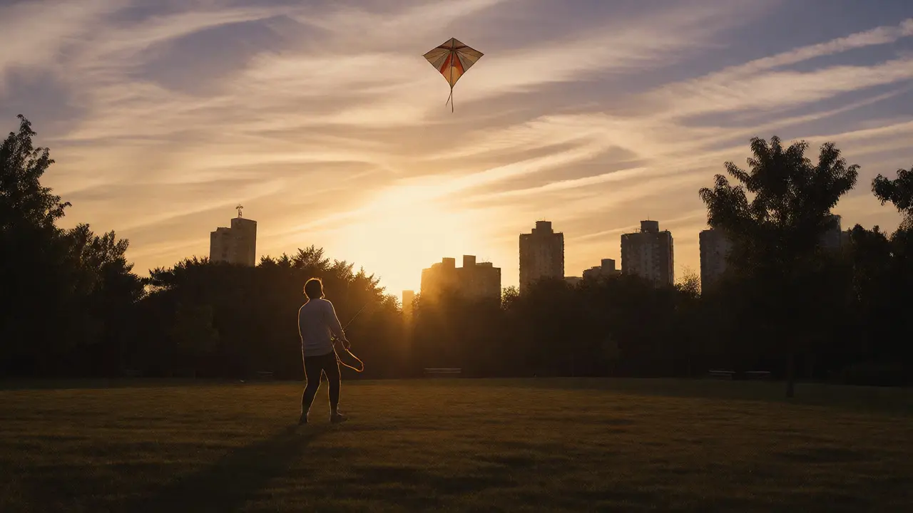 Person safely landing a small kite in a park at sunset