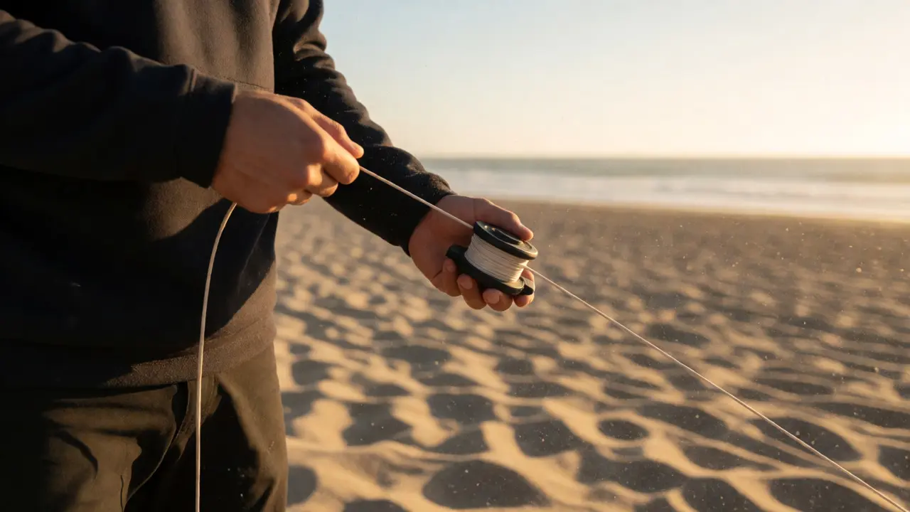 Person winding kite line on a beach at sunset using a hand winder