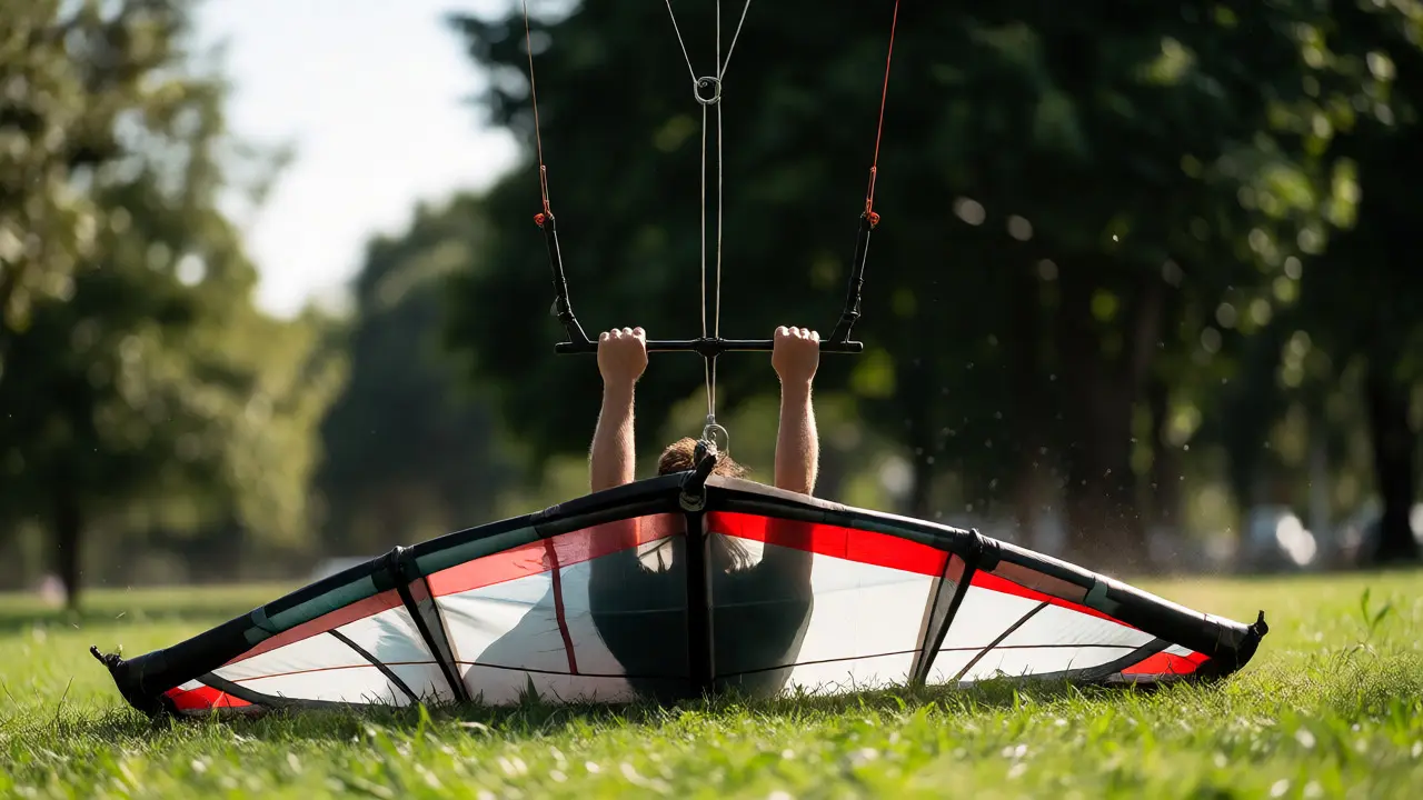 Pilot performs vertical drop reset, tugging handles to relaunch kite from near ground level.