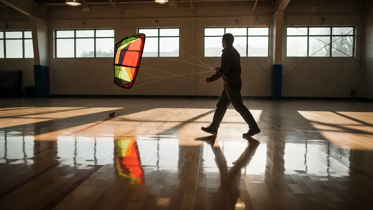 Pilot walking forward to stabilize hovering indoor kite in sunlight