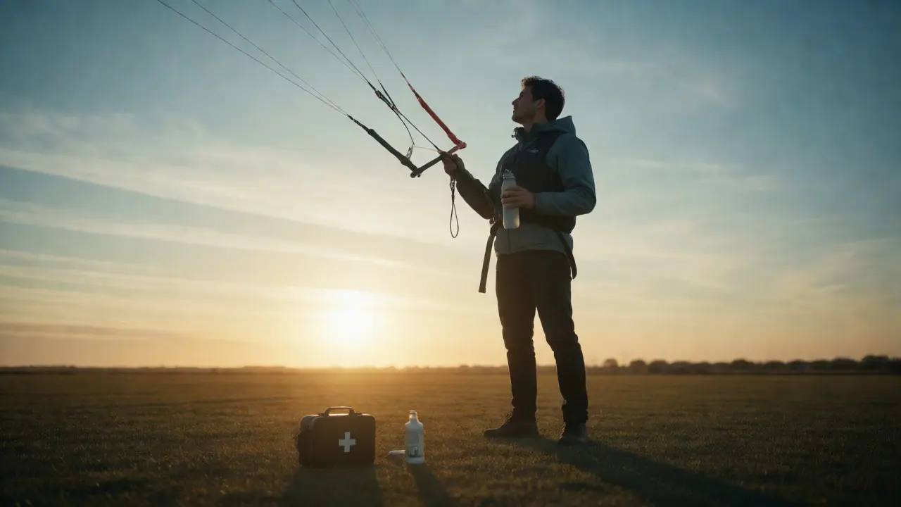 Relaxed kite flyer drinking water during golden hour sunset