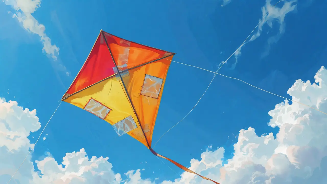 Repaired DIY kite soaring successfully in a blue sky