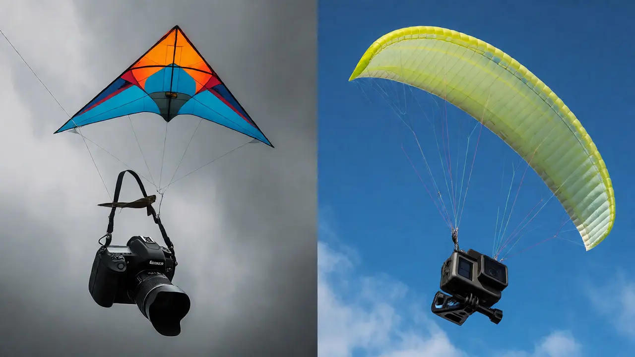 Split image comparing a struggling heavy DSLR kite setup with a successful light action cam rig.