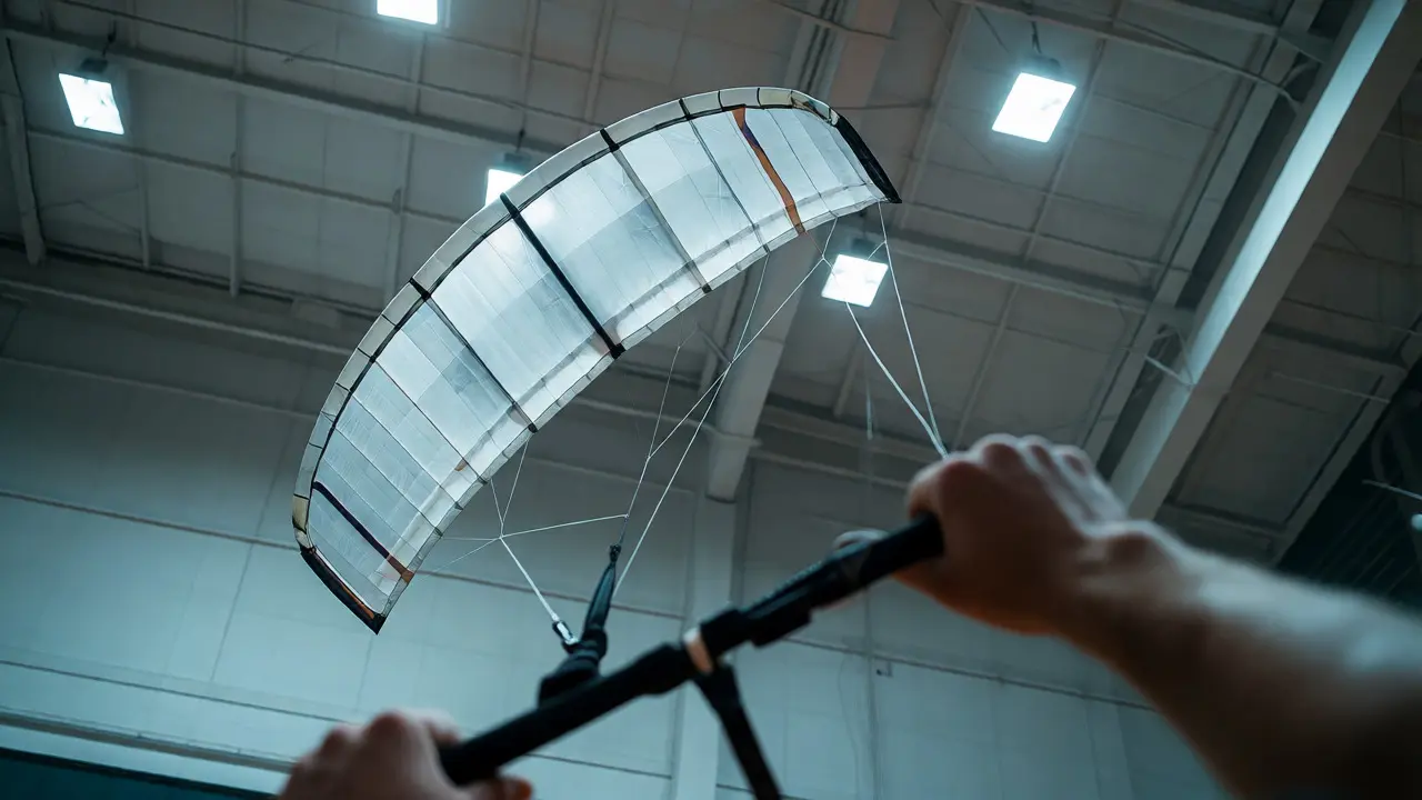 Stalled indoor kite hanging motionless in mid-air awaiting recovery
