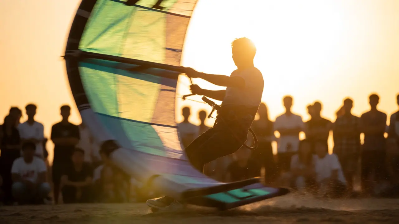 Stunt kite performs a dynamic spin during a freestyle routine at sunset.