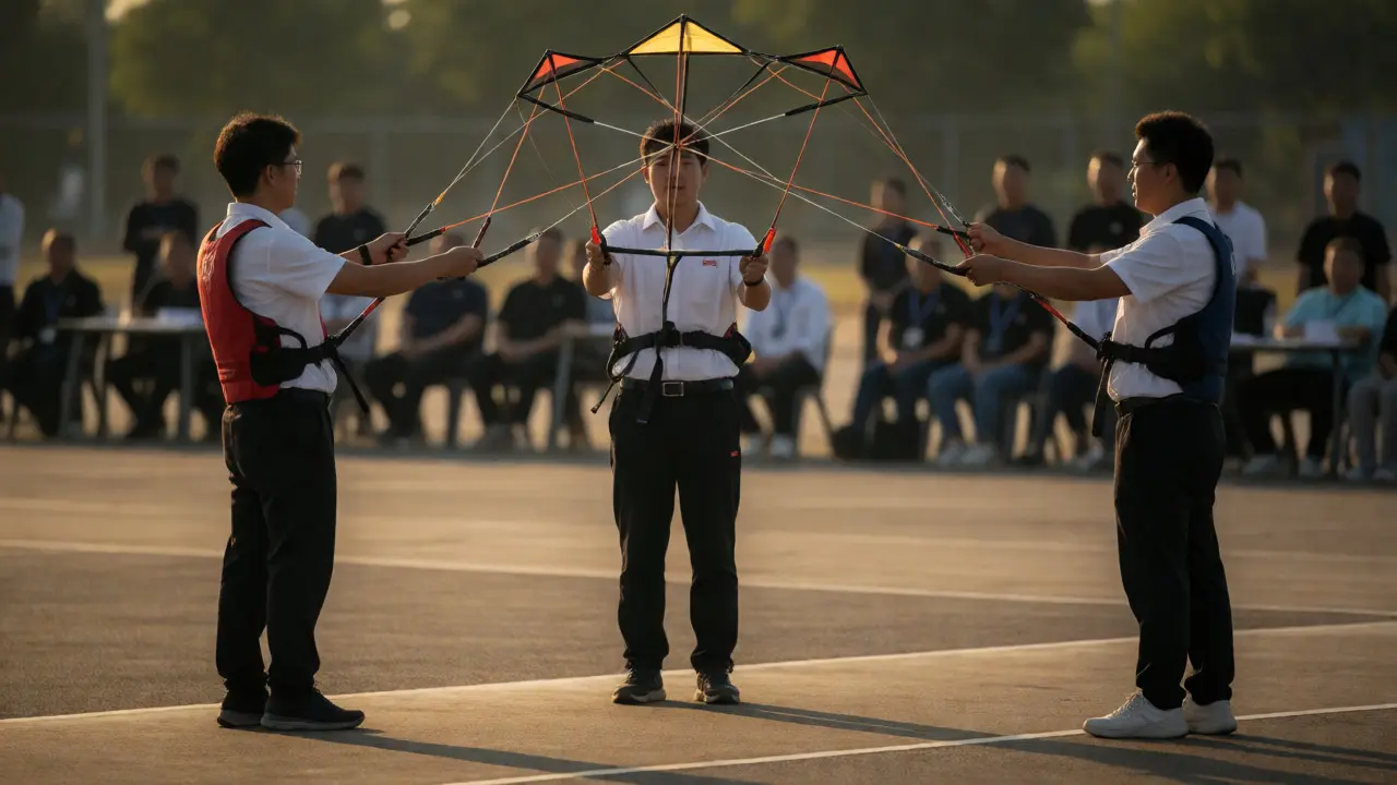 Team of pilots synchronizing quad-line kites in a choreographed hover formation.