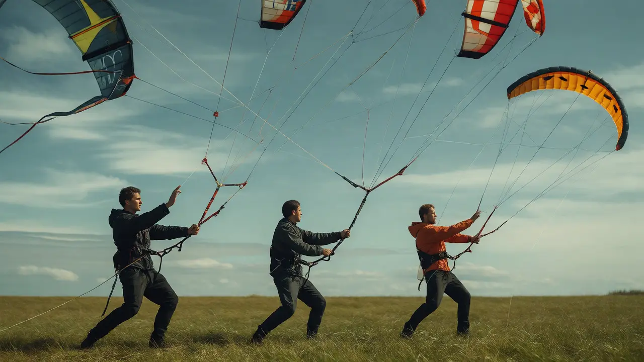 Team of three flyers using hand signals to coordinate kite positions in battle