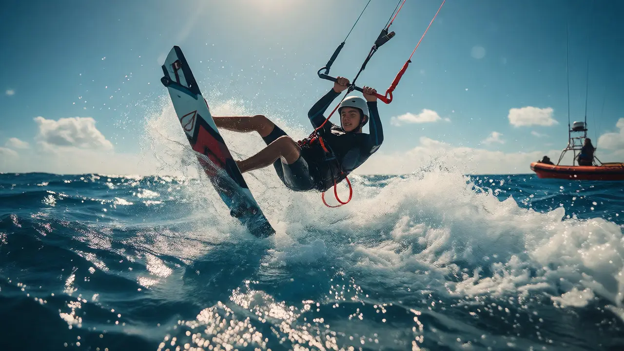 Teenage kitesurfer performing an air grab with a spotter watching from afar