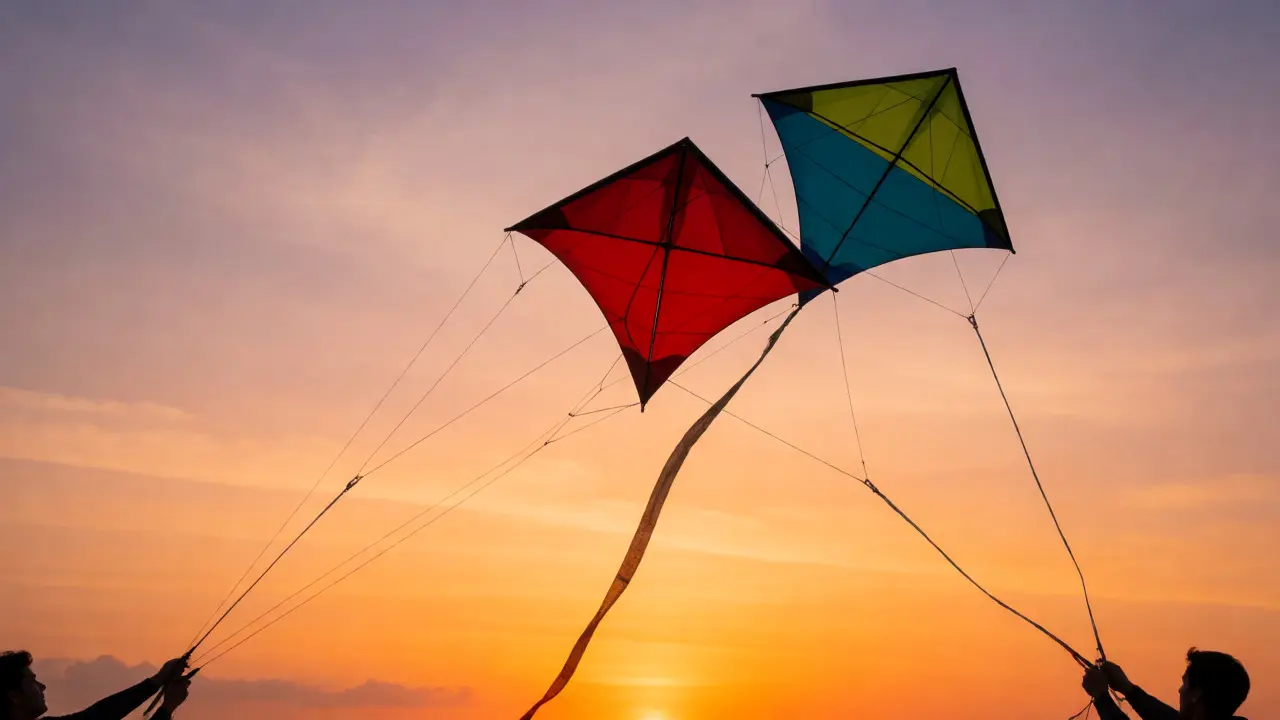 Two battle kites engaged in mid-air line fighting against a dramatic sunset sky.