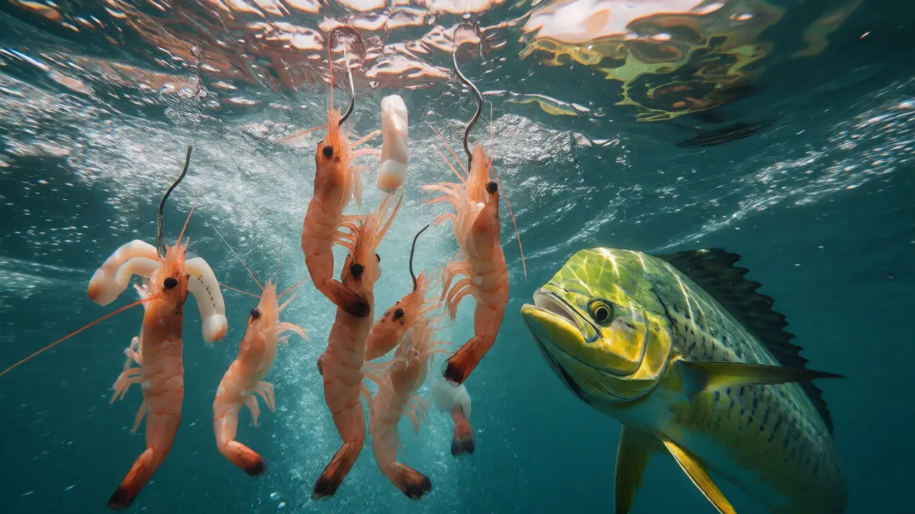 Underwater view of shrimp bait suspended clearly beyond the whitewater attracting a mahi-mahi