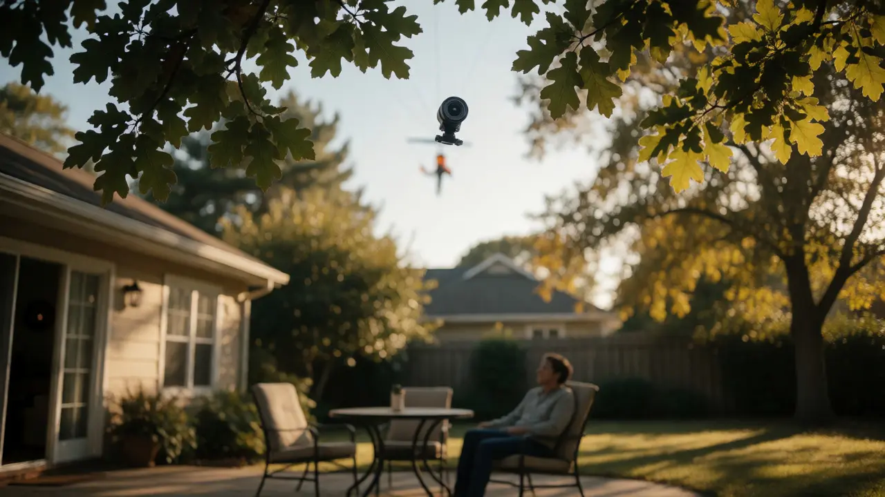 View from a backyard looking up at a kite camera, highlighting privacy concerns.