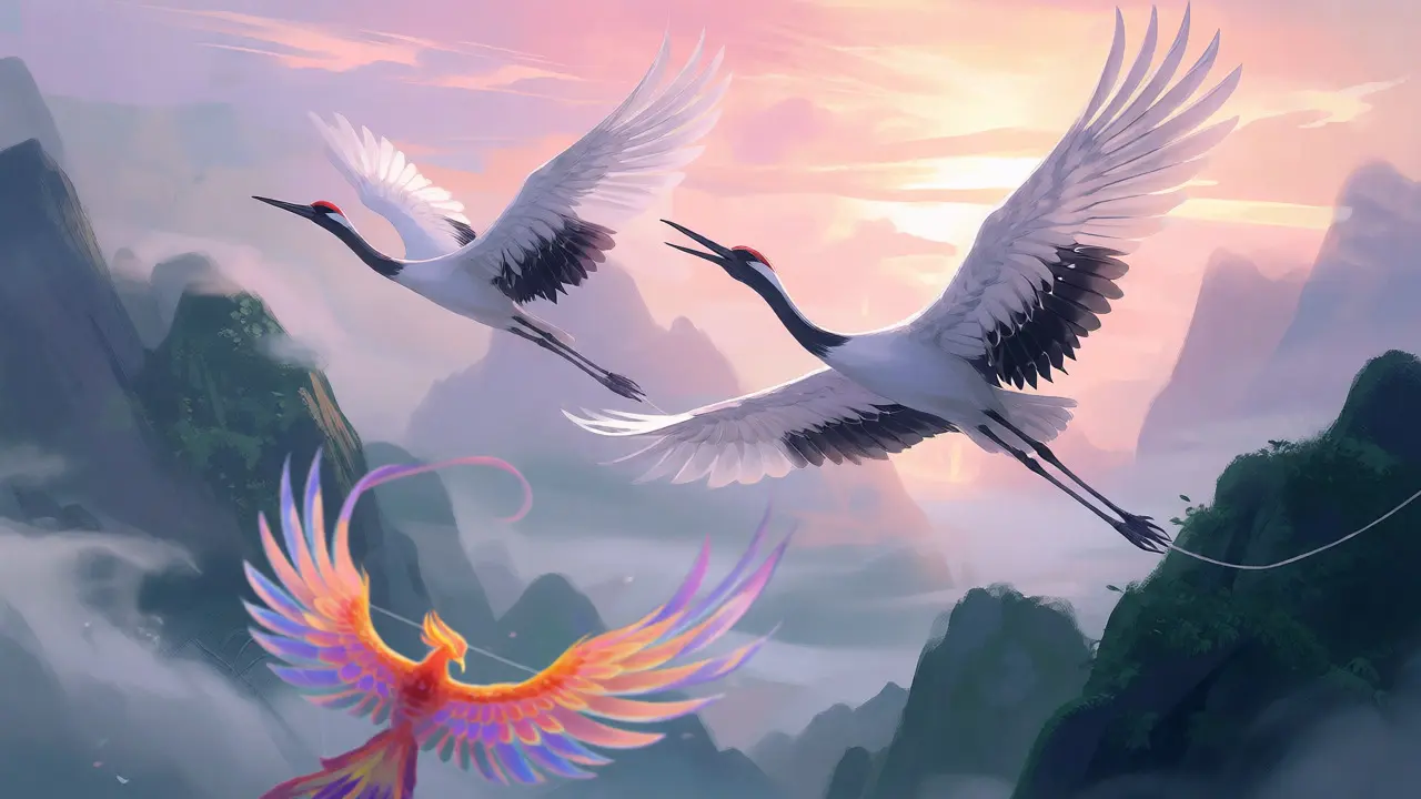 White crane and phoenix kites soaring over misty mountains at dawn