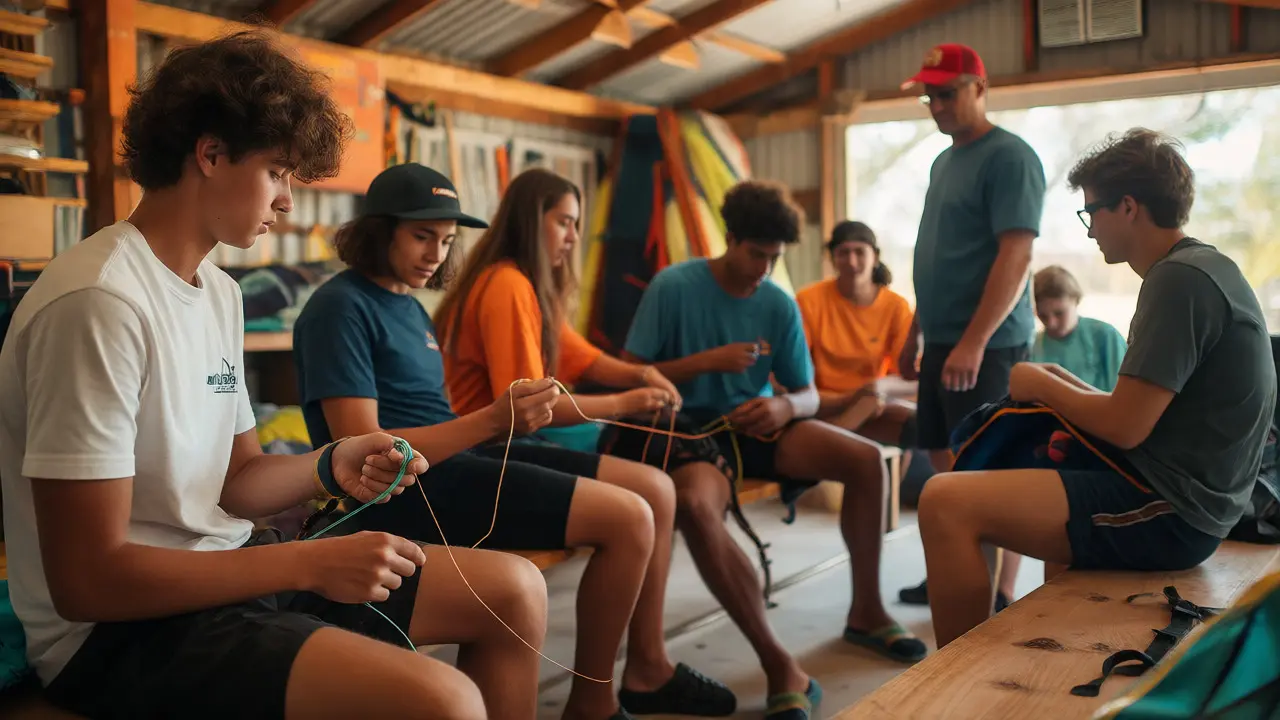 Young riders inspecting and repairing kite gear under mentor supervision