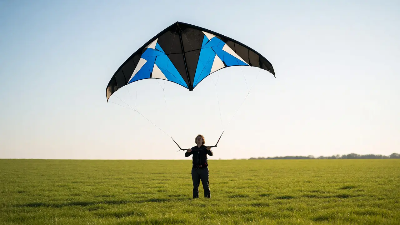 Adult flying a modern delta stunt kite in an open grassy field