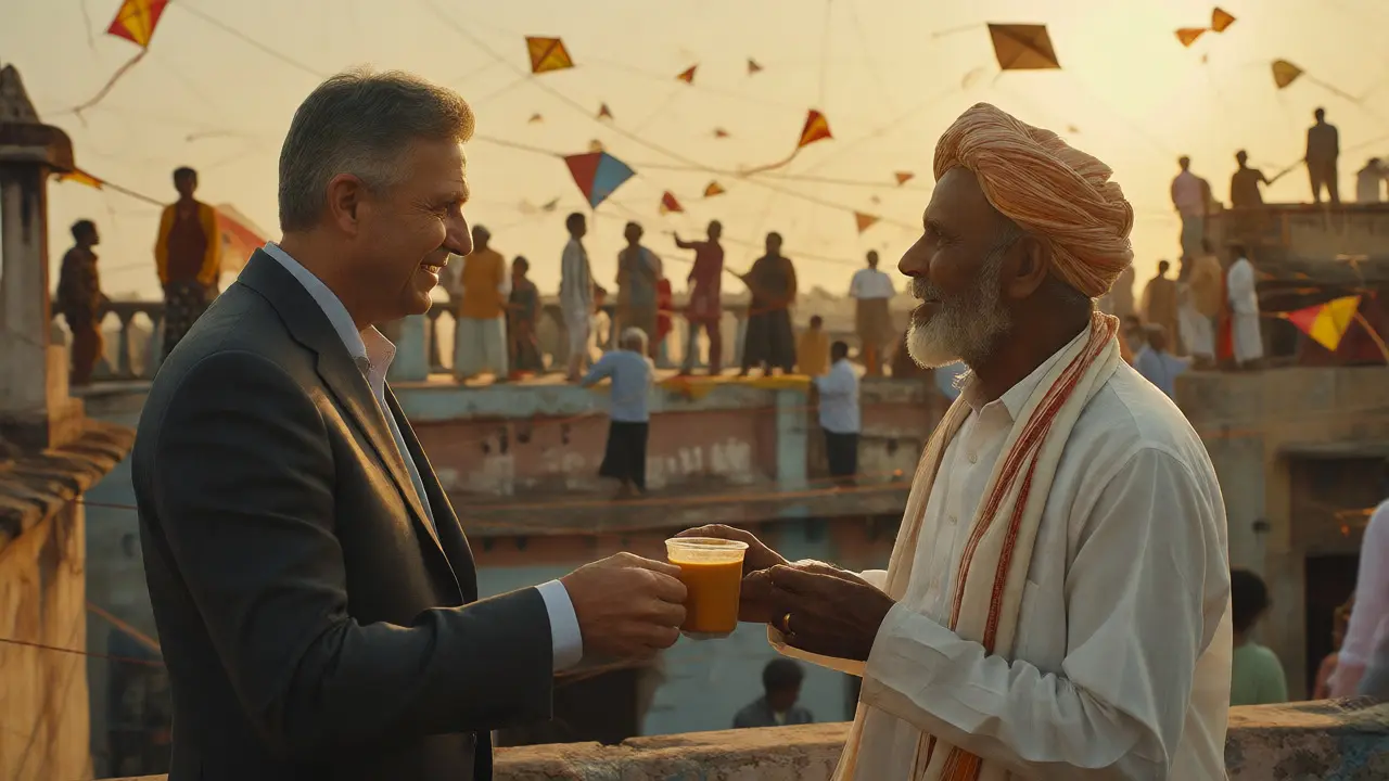 Ambassador and artisan sharing tea while watching kites at Gujarat festival