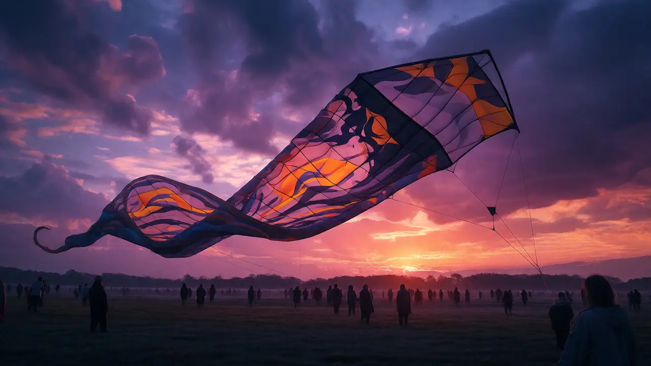 Artistic sled kite flying against a dramatic twilight sky at a festival