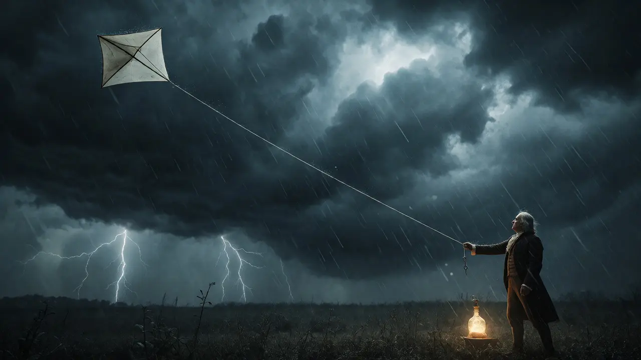 Benjamin Franklin flying a kite in a storm to collect electrical charge