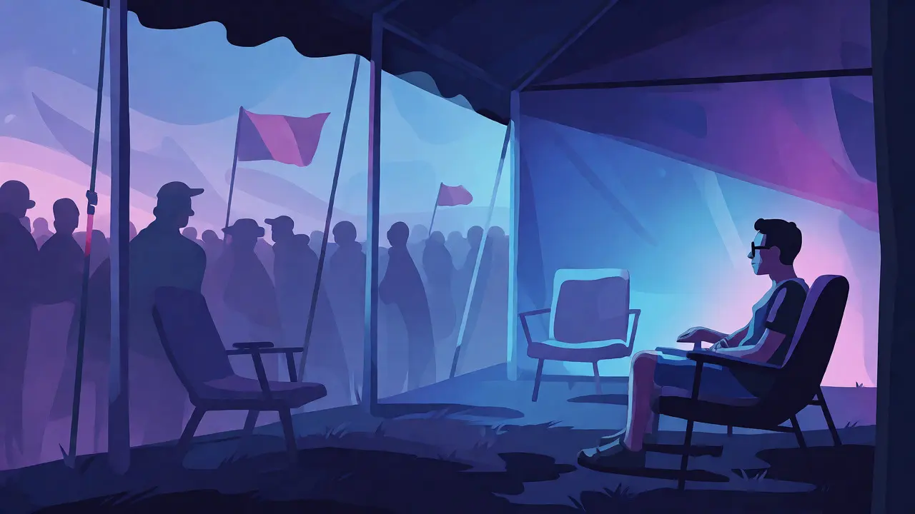 Calm individual in a sensory-friendly quiet tent at a festival