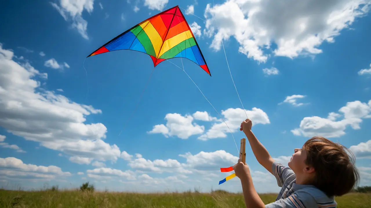 Child flying a delta kite high in the blue sky