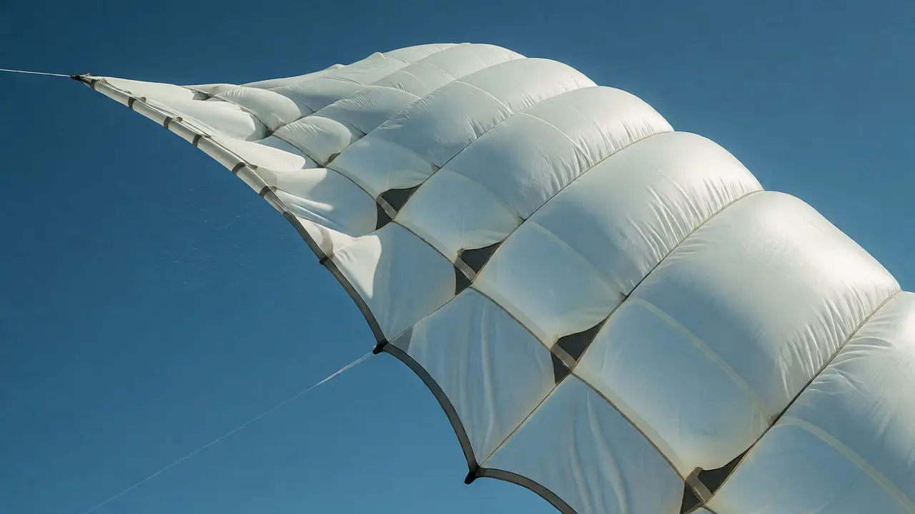 Close-up of an inflated multi-cell sled kite showing aerodynamic structure