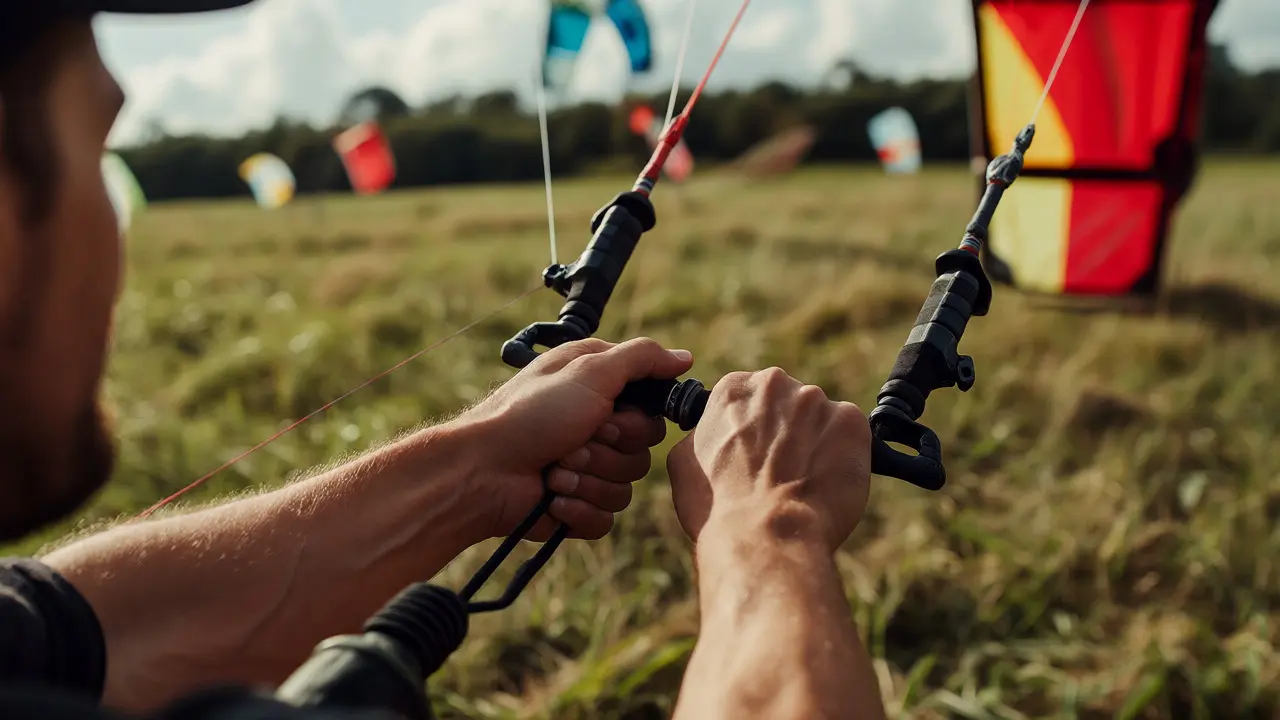 Close-up of hands controlling a dual-line stunt kite in a field