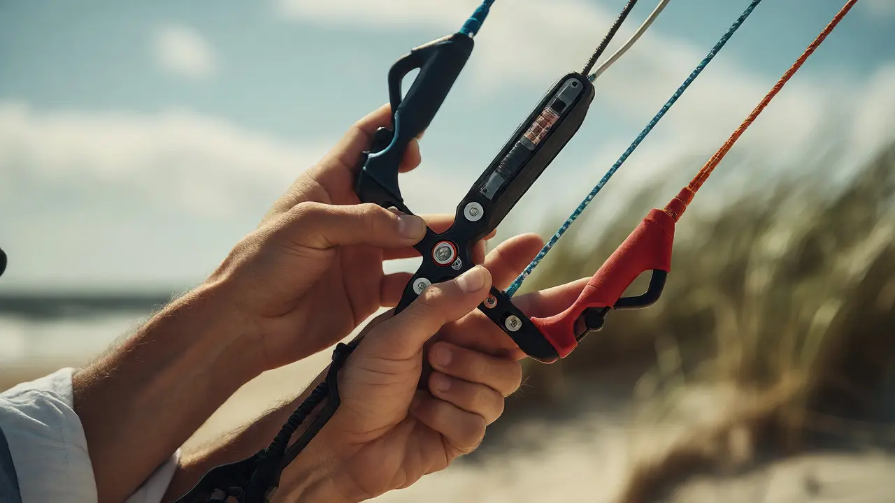 Close-up of pilot's hands holding quad-line kite handles with tension