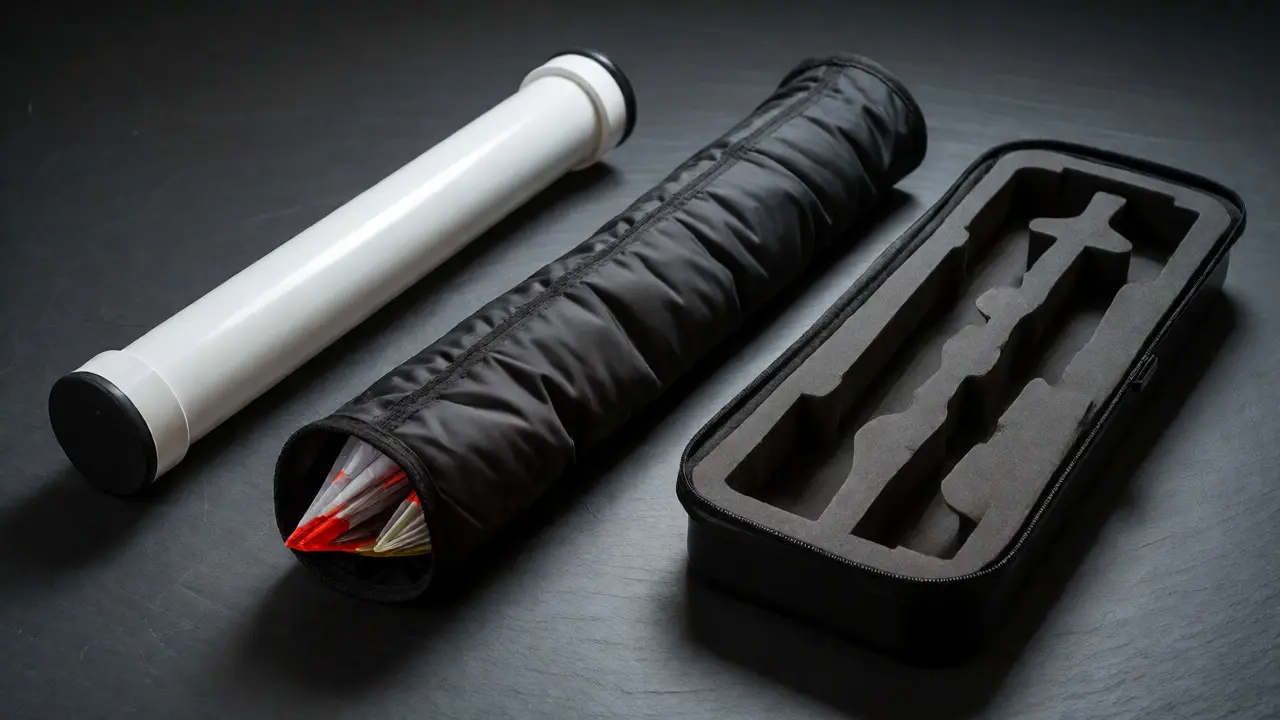 Comparison of PVC tubes, padded sleeves, and foam cases for storing kites.