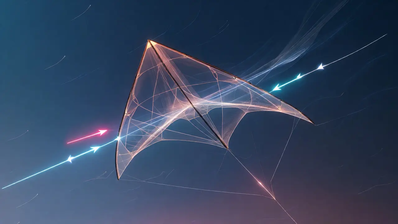 Conceptual diagram showing lift, drag, weight, and tension forces on a kite.
