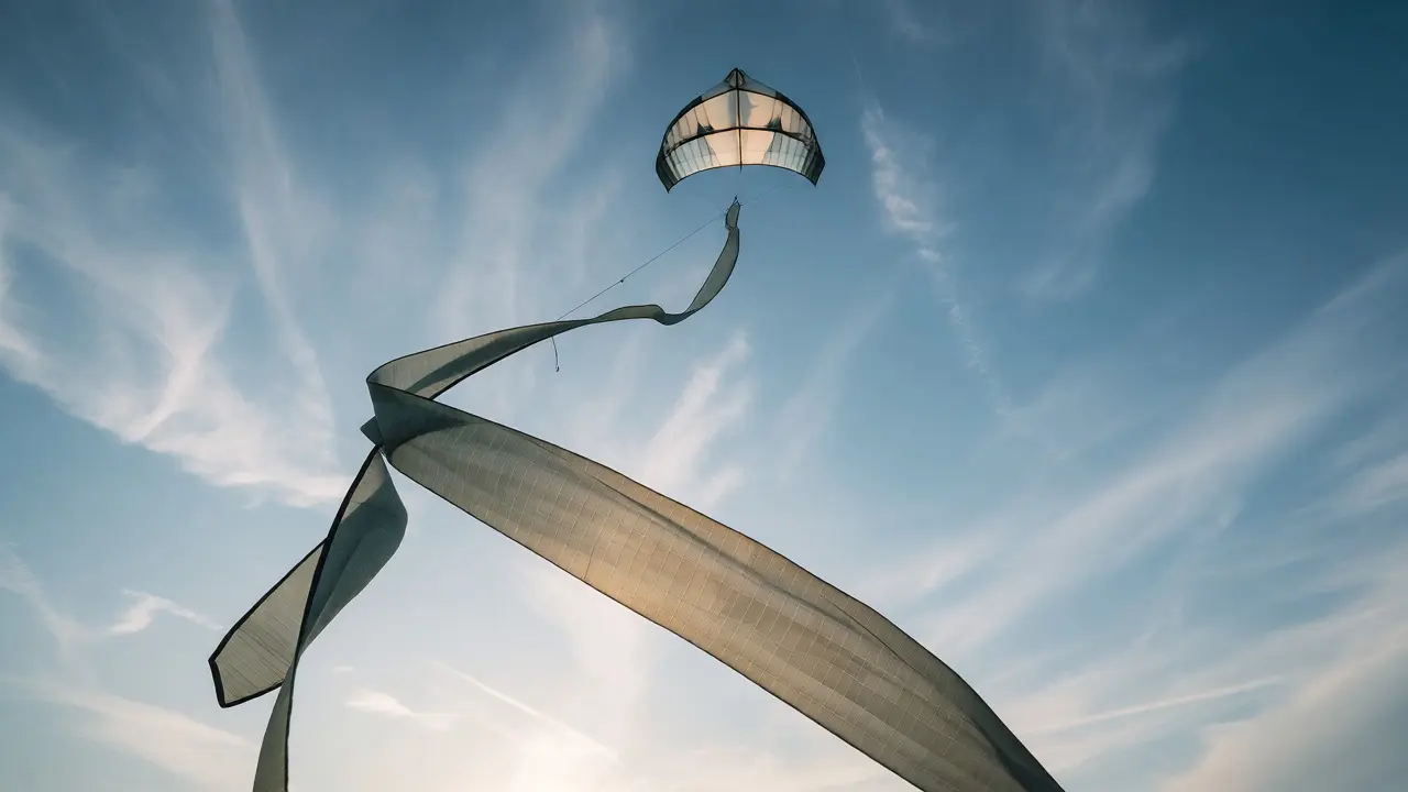 Diamond kite flying high with a long, flowing nylon tail stabilizing it in the wind.