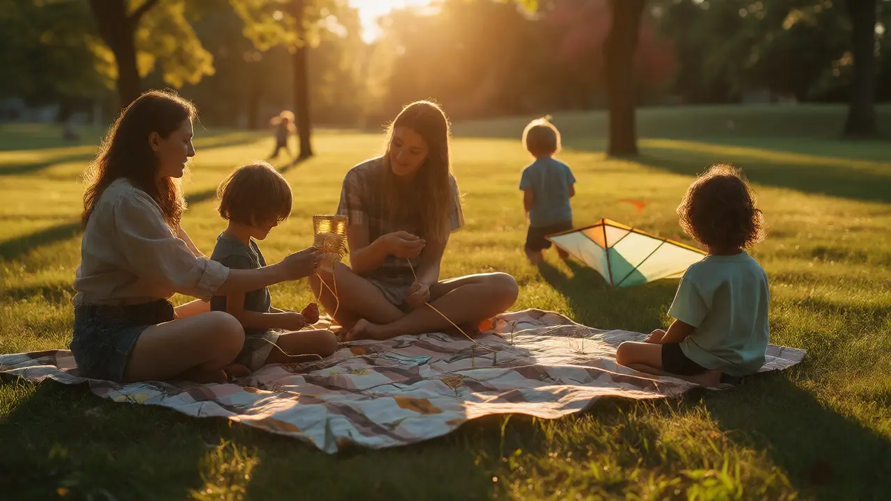 Family winding kite line and playing shadow tag at sunset