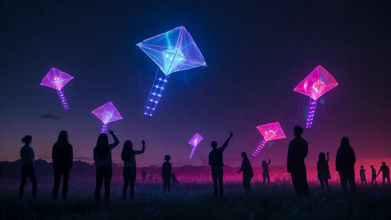 Glowing LED kites illuminating the night sky above a crowd